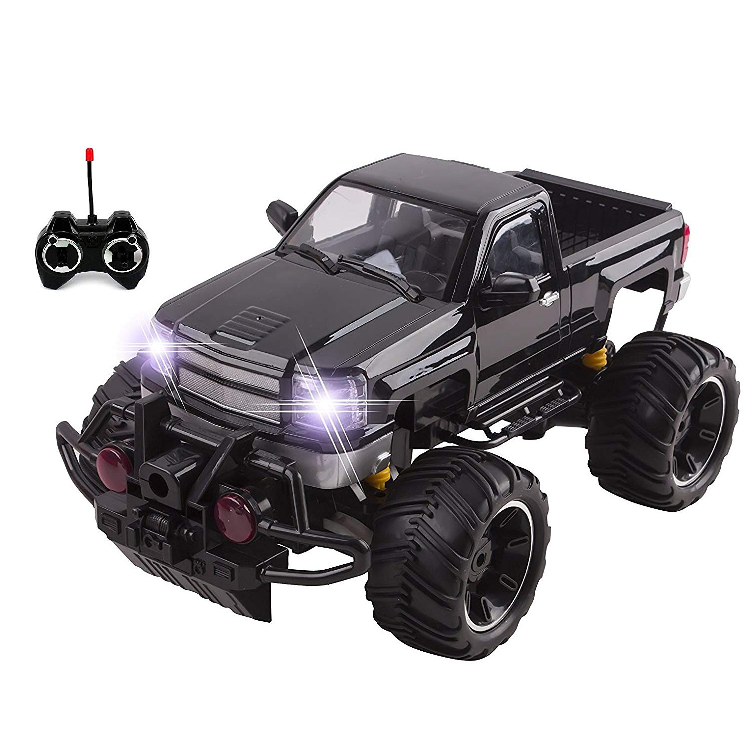 RC Truck Big Wheel Beast Monster Truck Remote Control Doors Opening Car Light Up LED Headlights Ready to Run INCLUDES RECHARGEABLE BATTERY 1:14 Size Off-Road Pick Up Buggy Toy (Black)