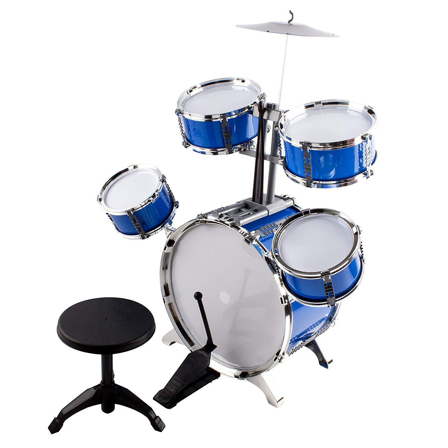 Classic Rhythm Toy Jazz Drum Big XXXL Size Children Kid's Musical Instrument Playset With 5 Drums, Cymbal, Chair, Kick Pedal, And Drumsticks A Perfect Beginner Set For Kids (Blue) 661-885