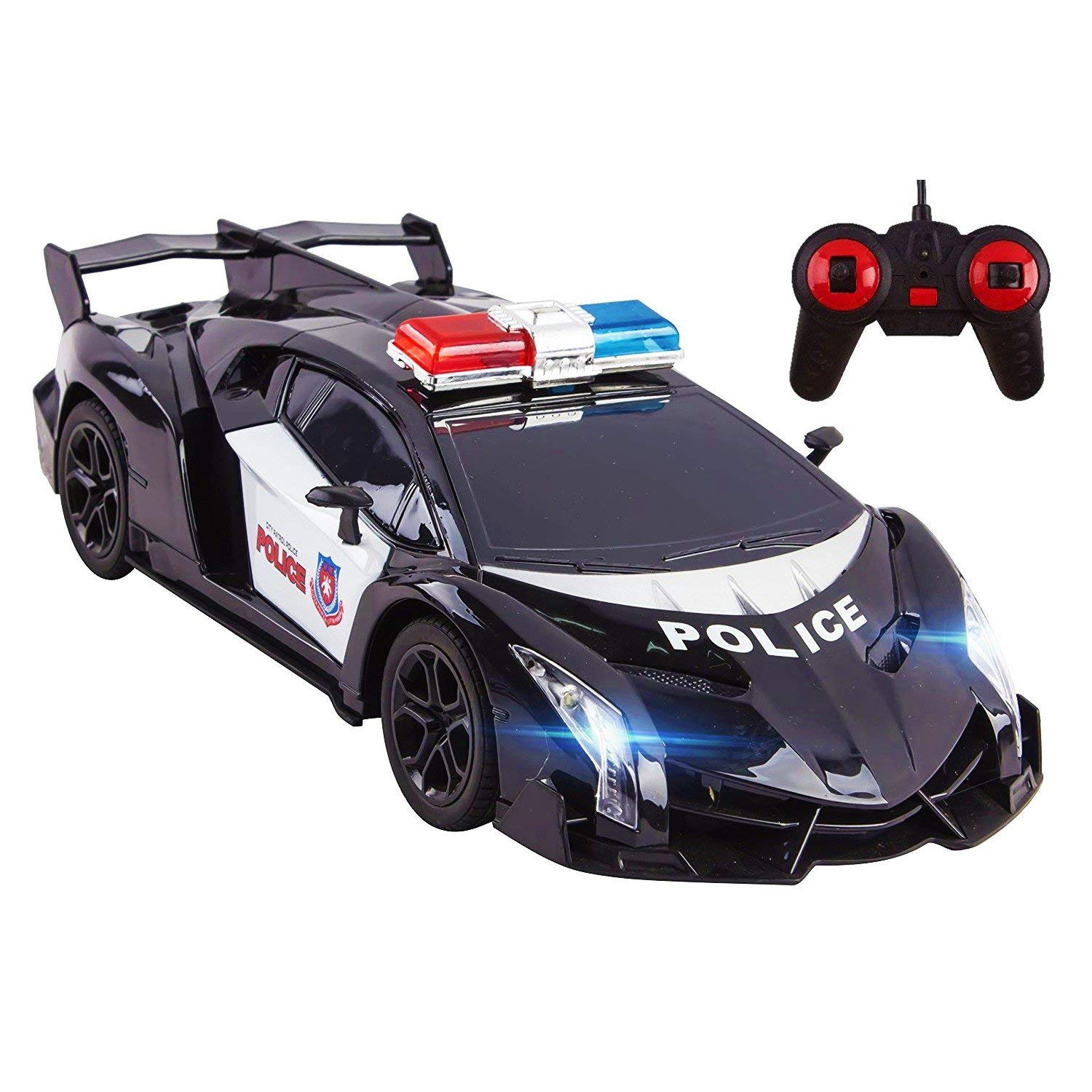 Police RC Car Super Exotic Large 1:16 Scale Size Kids Remote Control Easy To Operate Toy Sports Cars With Functional LED Headlights Perfect Cop Race Vehicle Full Function (Black)