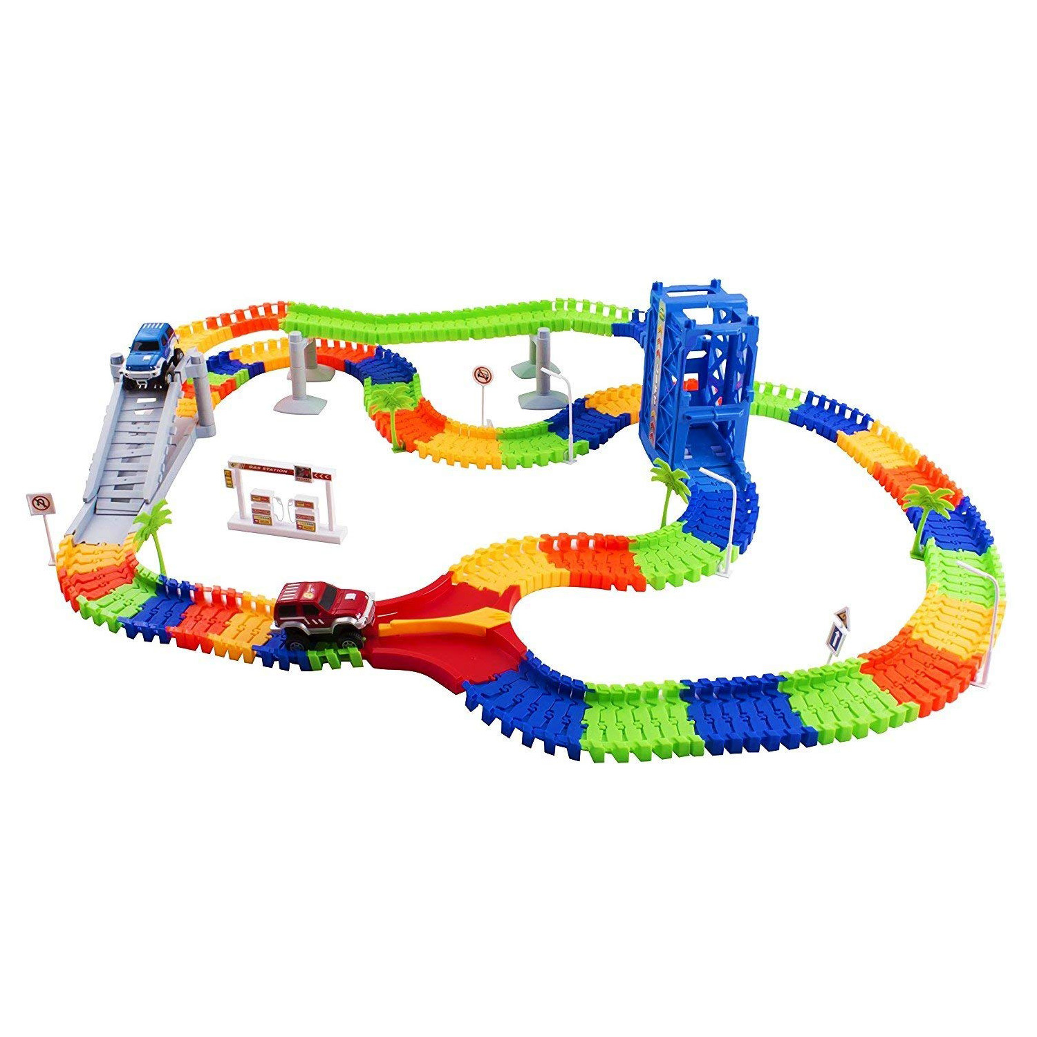 Race Car Track Set Toy Educational Twisted Flexible Building Tracks 240 Pieces Racetrack 2 Cars with Lifter Bridge Trees Gas Station for Children Ages 3 4 5 6 Year old Kids Toys Unisex Boys And Girls