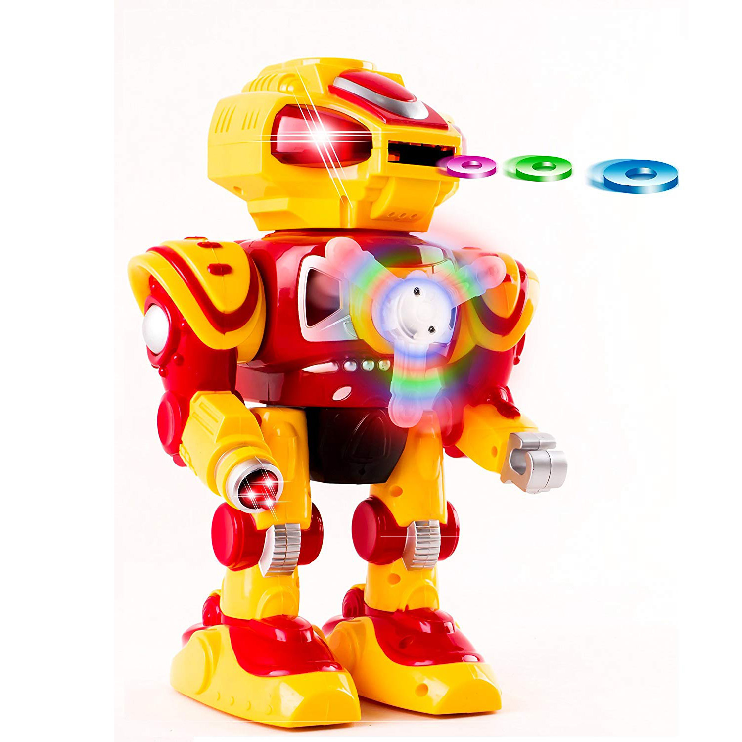 Super Android Toy Robot With Disc Shooting Walking Flashing Lights And Sound Features Great Action Toy For Kids Boys Girls Toddlers Battery Operated Yellow