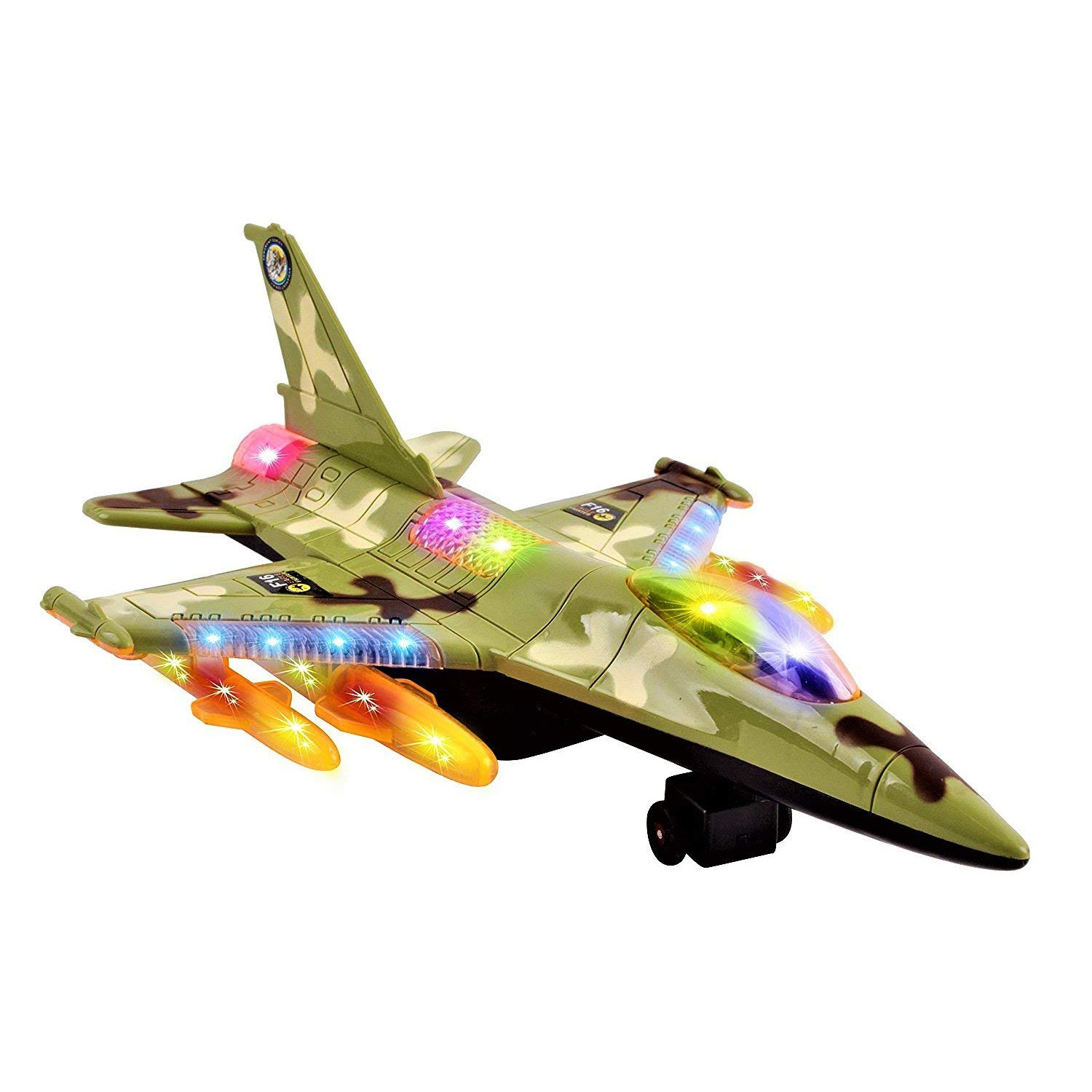 Toy Army Air Force Fighter Jet F16 Battery Operated Kid's Bump and Go Toy Plane With Flashing Lights And Sounds Bumps Into Something and Will Change Direction Perfect For Boys And Girls (Green)