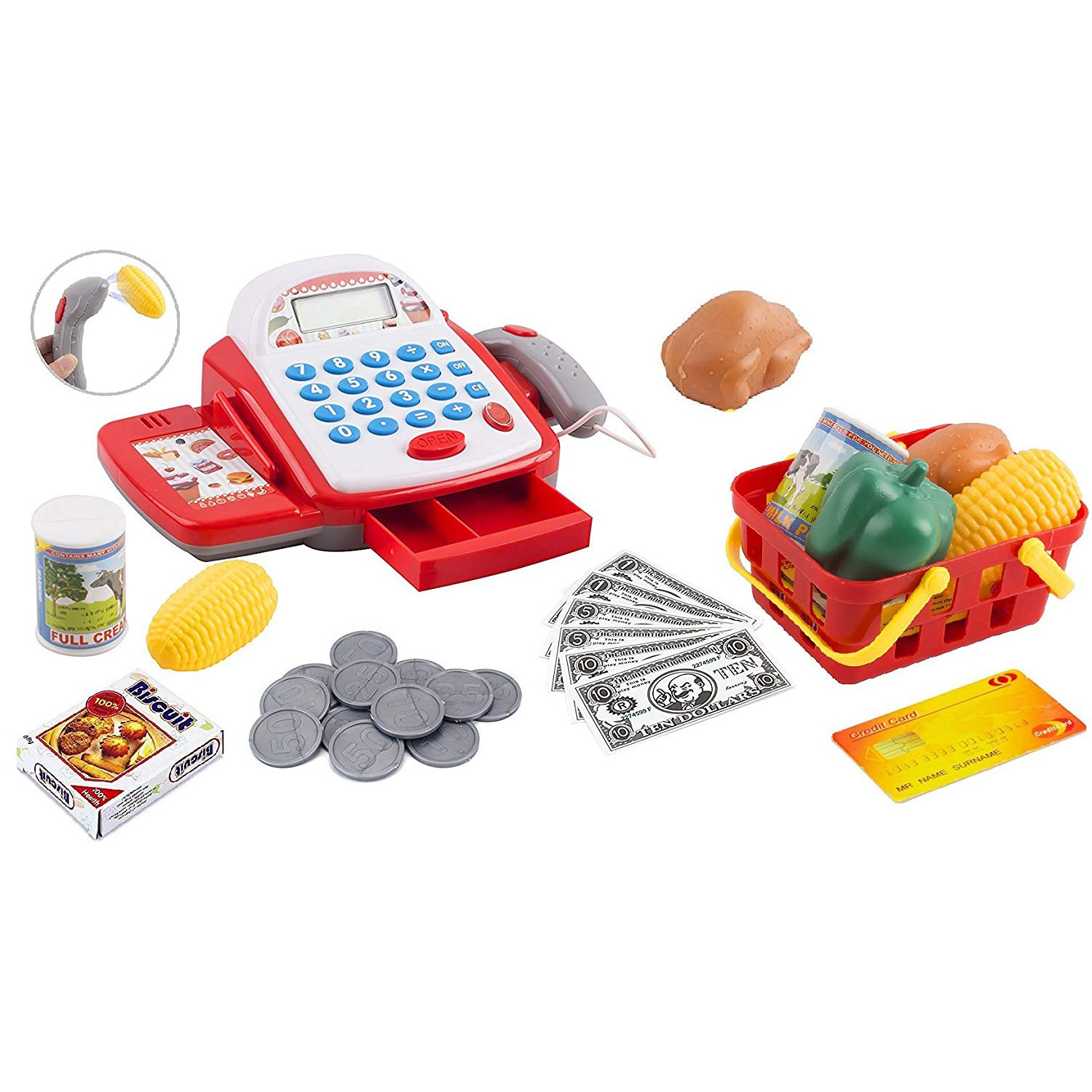 Toy Cash Register Pretend Play Supermarket Cashier Playset Colorful Childrenâ€™s Checkout With Calculator And Sounds Educational Learning Toys For Kids Toddlers And Preschool (White/Red)