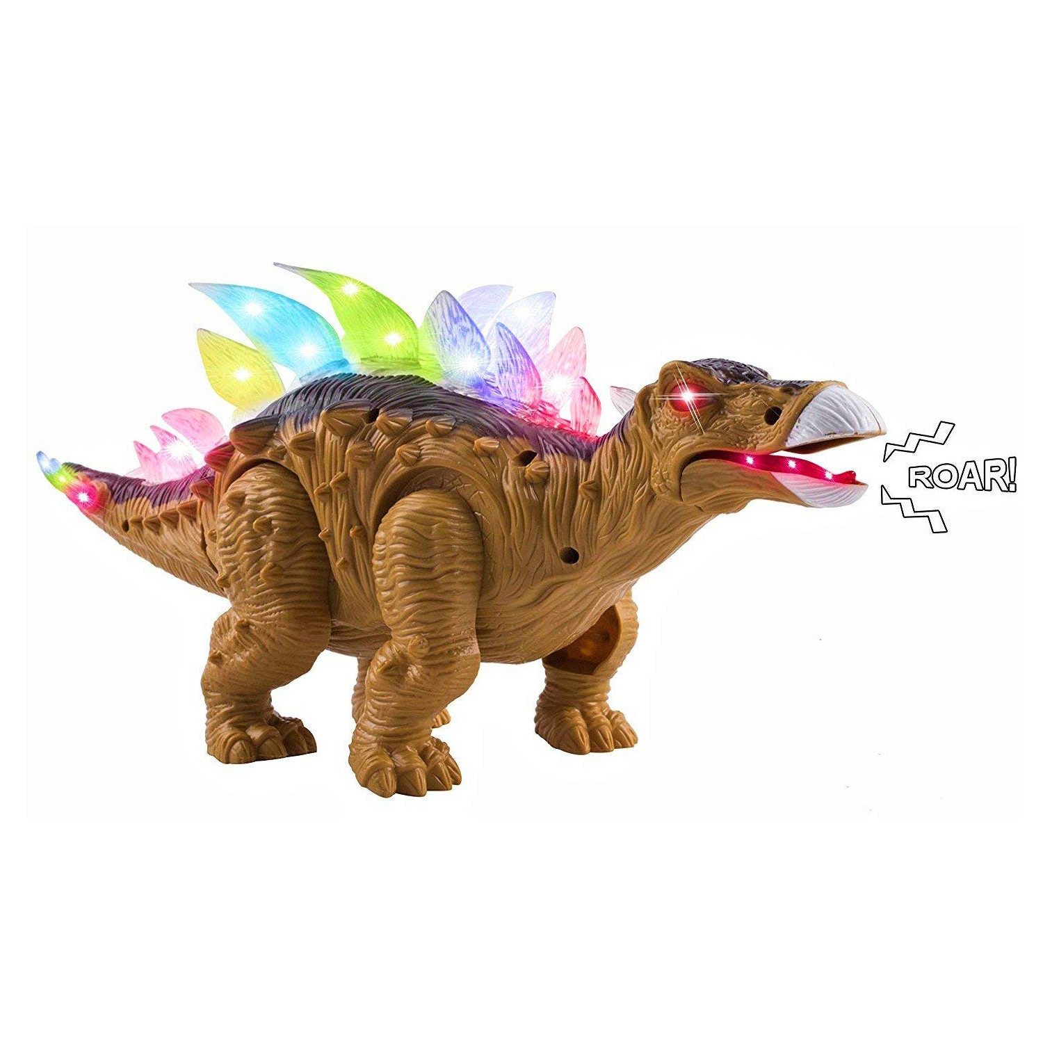 Toy Dinosaur Stegosaurus Moveable Battery Operated Walking Large 14.5\" Length Figure With LED Lights And Sounds Real Movement Safari Perfect Size And Quality For Kids To Play With (Brown Color)