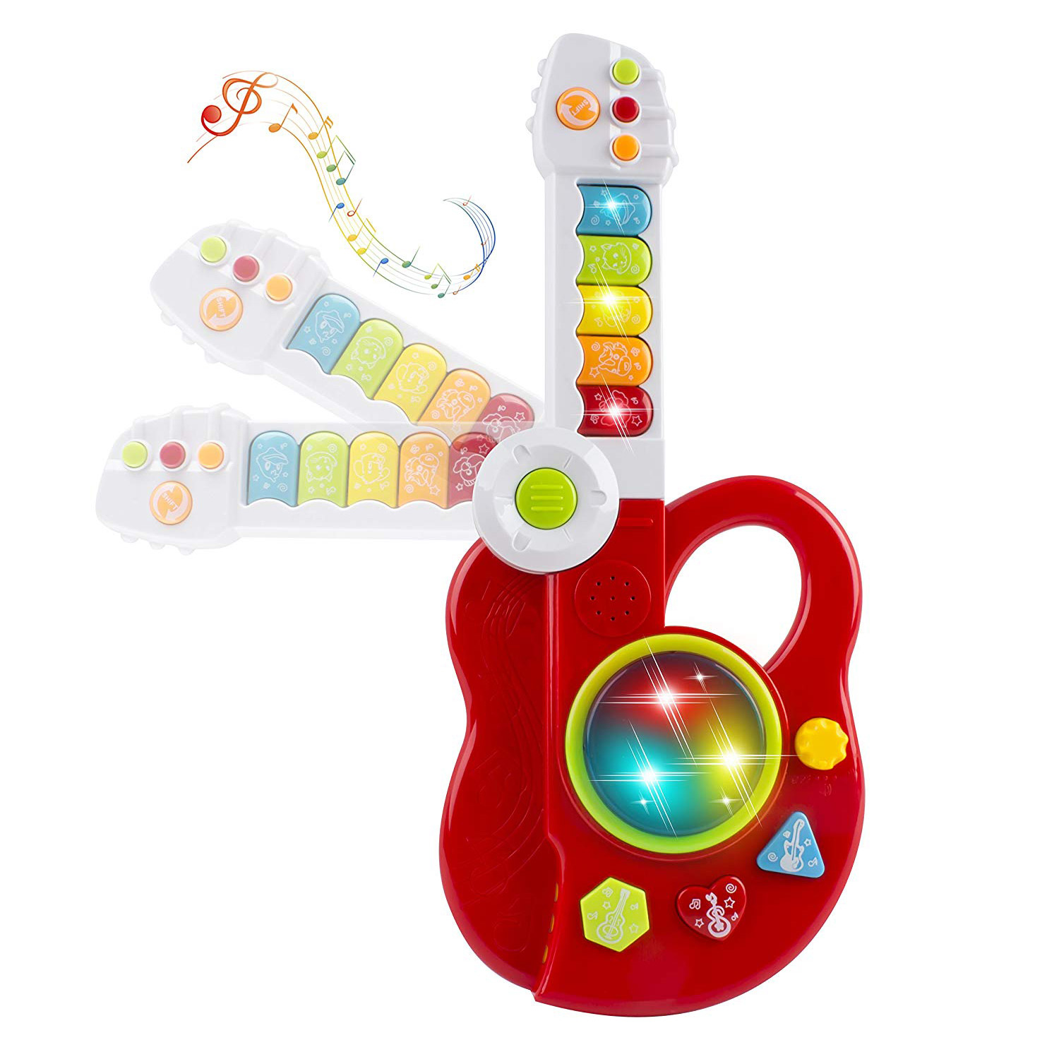 Toy Electric Guitar 3-in-1 With Keyboard And Jazz Drum 3D Lights Up Kids Educational Musical Instrument Playset Vibrant Sound Music And Colors Easy To Use Great For Childrenâ€™s Early Learning (Red)