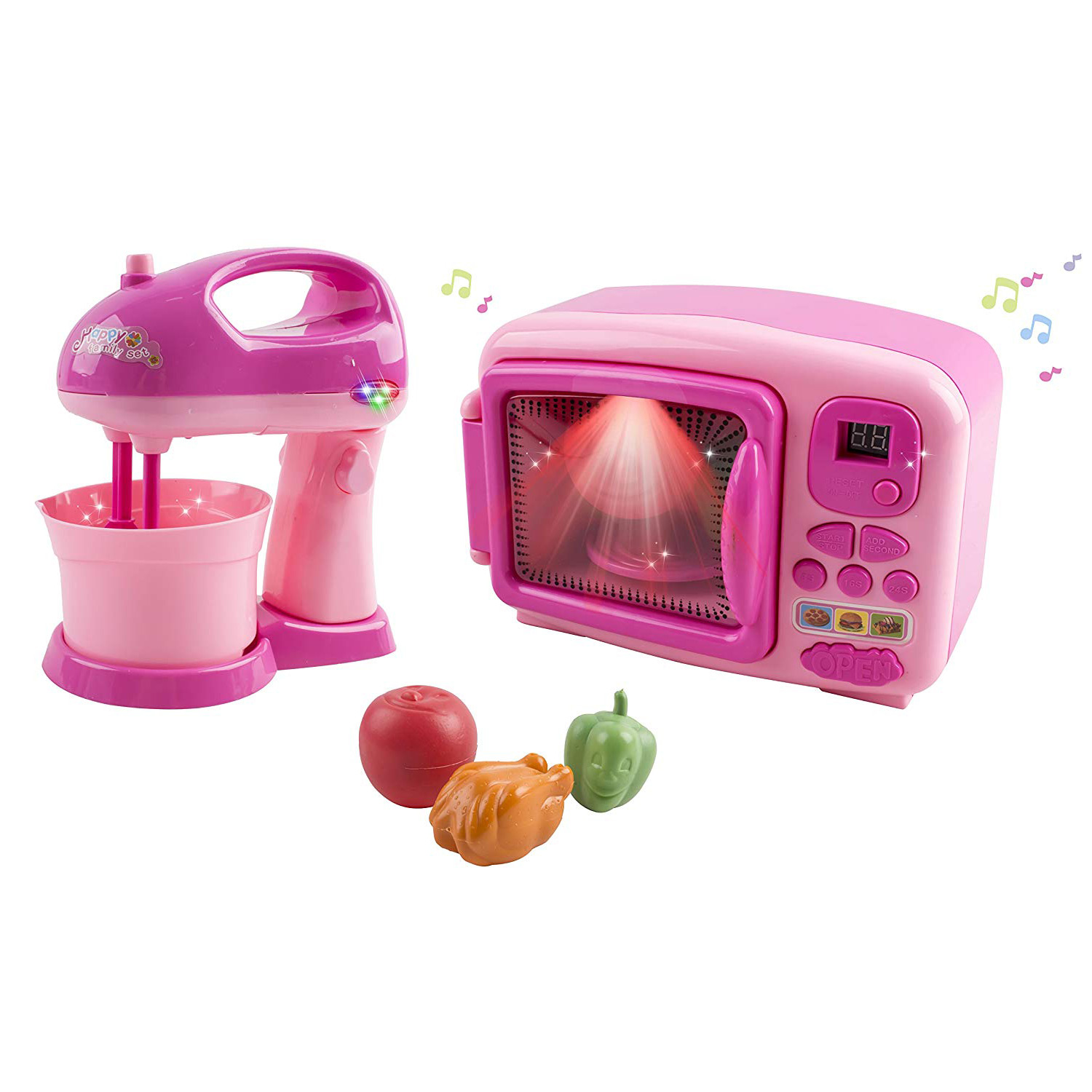 Toy Microwave and Mixing Blender Children\'s Kitchen Pretend Play Playset Battery Operated Appliance Set With Food Pieces Perfect For Early Learning Educational Preschool Girls Cooking Toys Pink