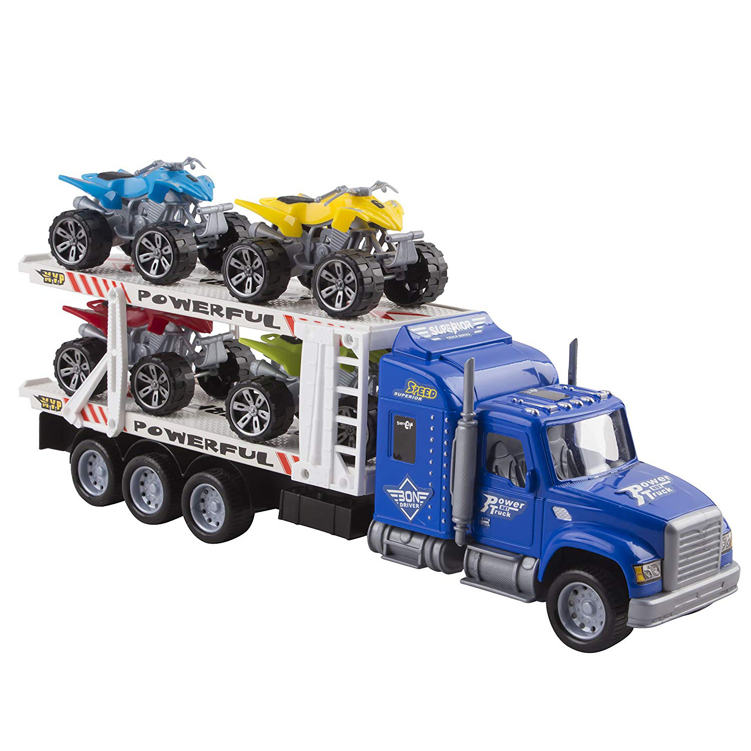 Toy Truck Transporter Trailer 14.5\" Childrenâ€™s Friction Big Rig With 4 ATV Toys No Batteries Or Assembly Required Perfect Semi Truck For Kids (Blue Truck)