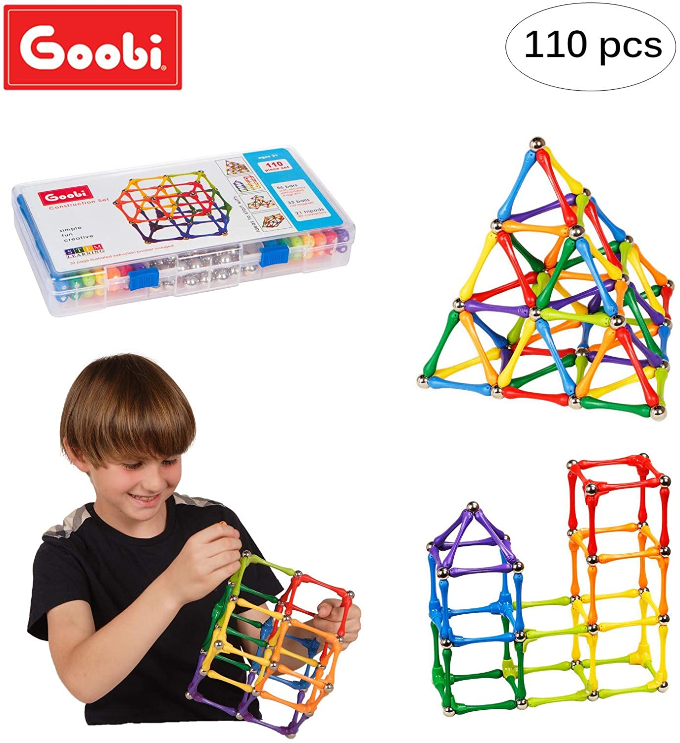 Goobi 110 Piece Construction Set Building Toy Active Play Sticks STEM Learning Creativity Imagination Children&rsquo;s 3D Puzzle Educational Brain Toys for Kids Boys and Girls with Instruction Booklet