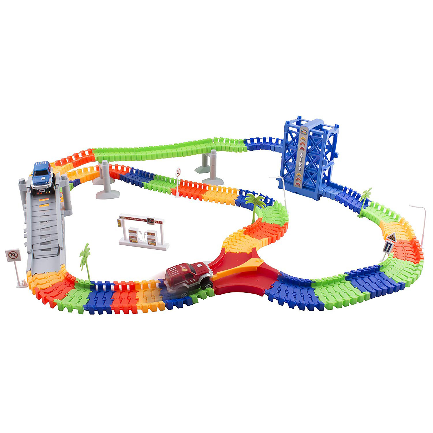 Race Car Track Set Toy Educational Twisted Flexible Building Tracks 240 Pieces Racetrack 2 Cars with Lifter Bridge Trees Gas Station for Children Ages 3 4 5 6 Year old Kids Toys Unisex Boys And Girls