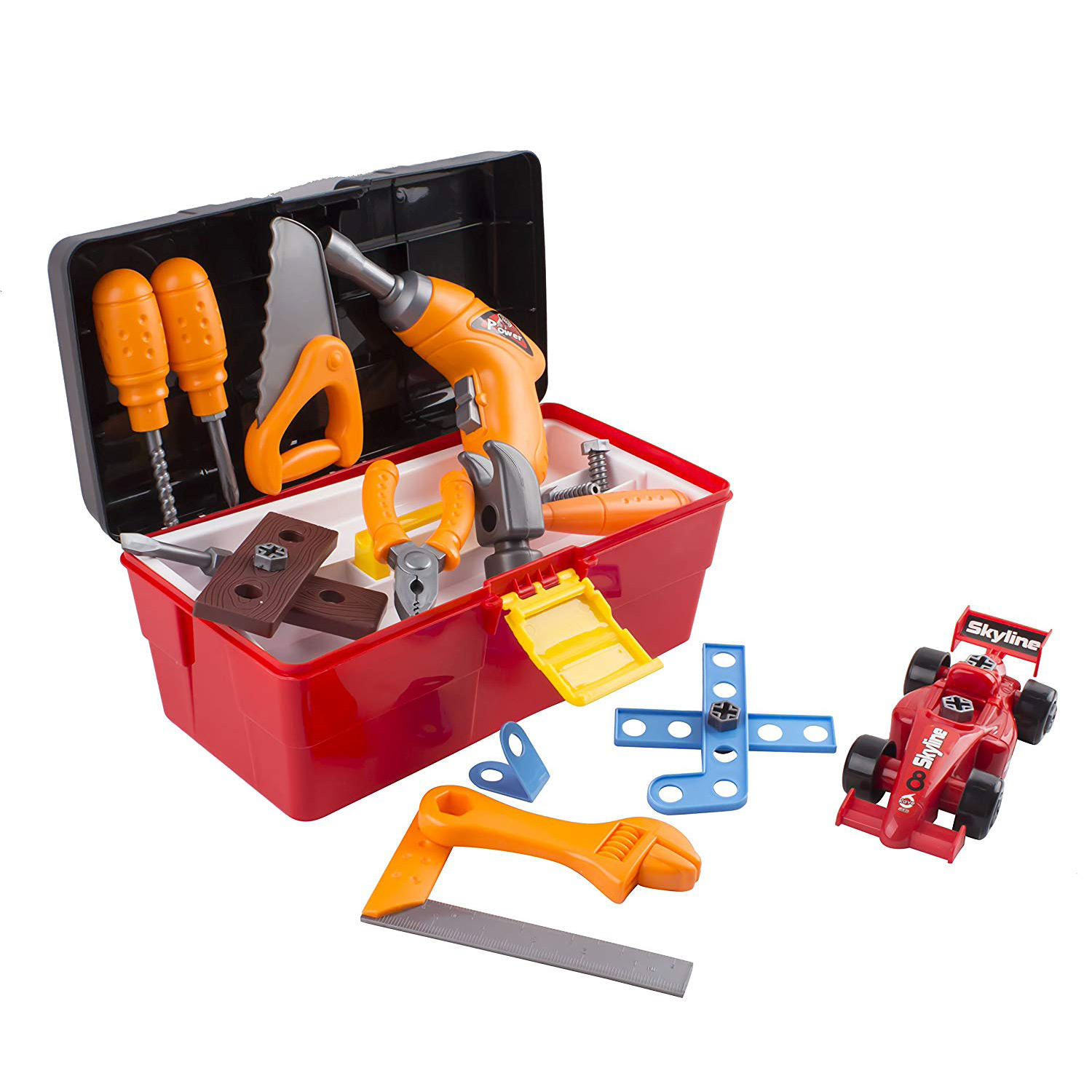 44 Piece Toy Tool Set With Construction Kit Accessories Portable Realistic Tools Box Including Electric Drill Hammer Wrench Screwdriver F1 Car Perfect For Boys Childrenâ€™s Educational STEM Pretend Play