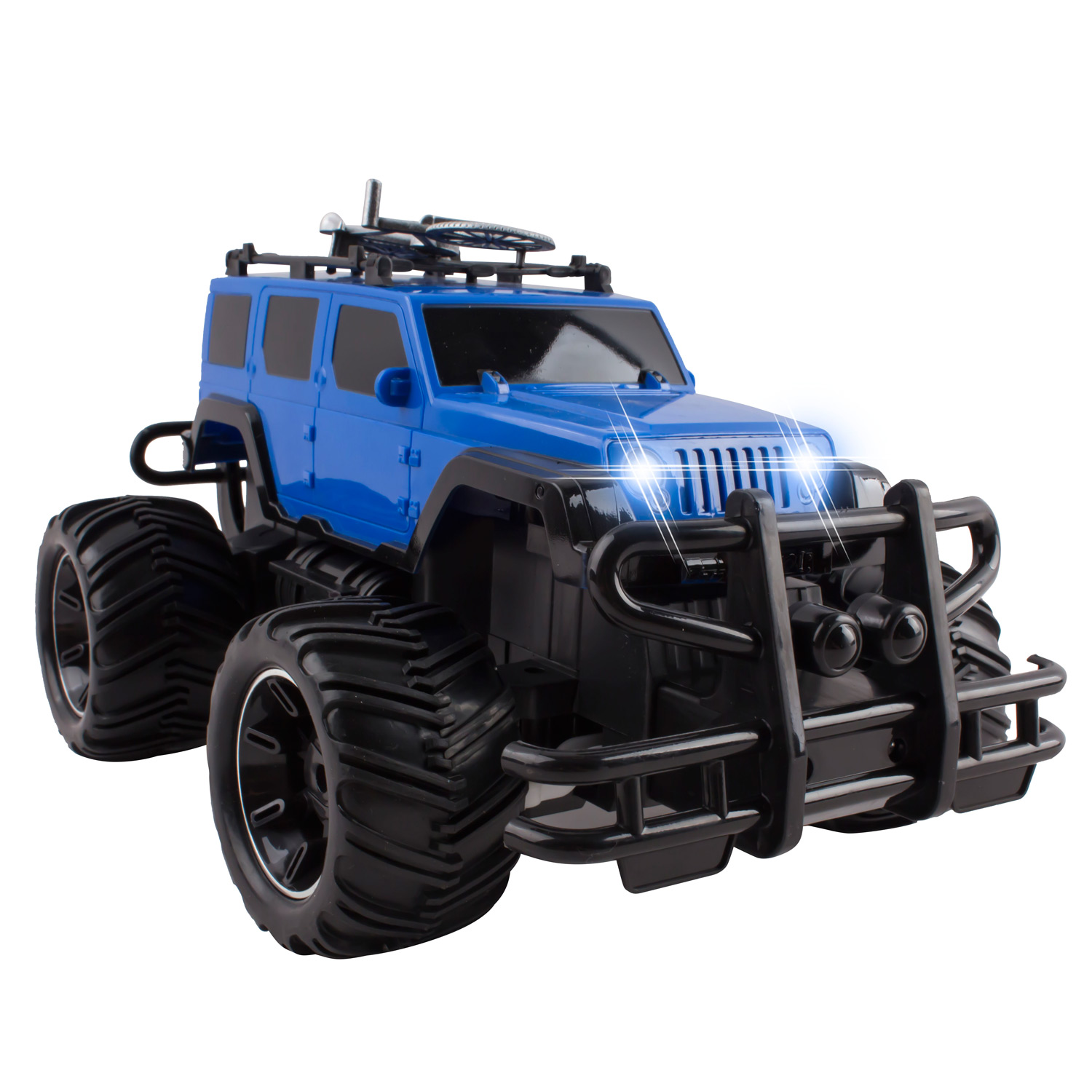 RC Truck Jeep Big Wheel Monster Remote Control Car With LED Headlights Ready to Run Includes Rechargeable Battery 1:16 Size Off-Road Beast Buggy Toy Blue