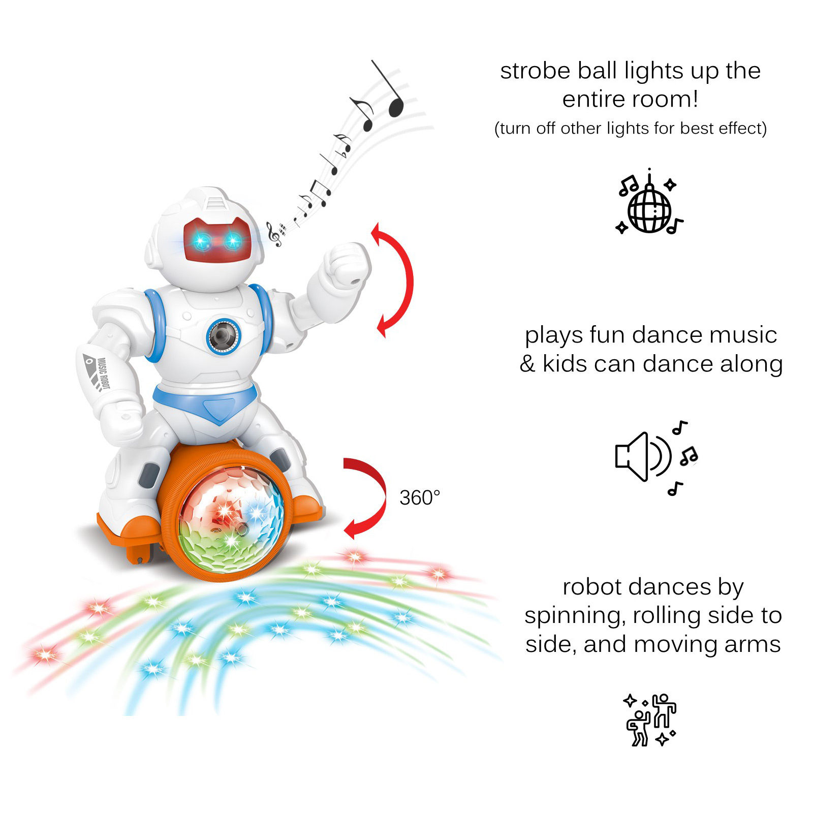 Large Musical Bump And Go Dancing Robot With Disco Ball Flashing Lights Sounds Happy Tunes Kids Music Box Nonstop Self Riding Action Great Toy Gift For Toddlers Young Children Boys Girls