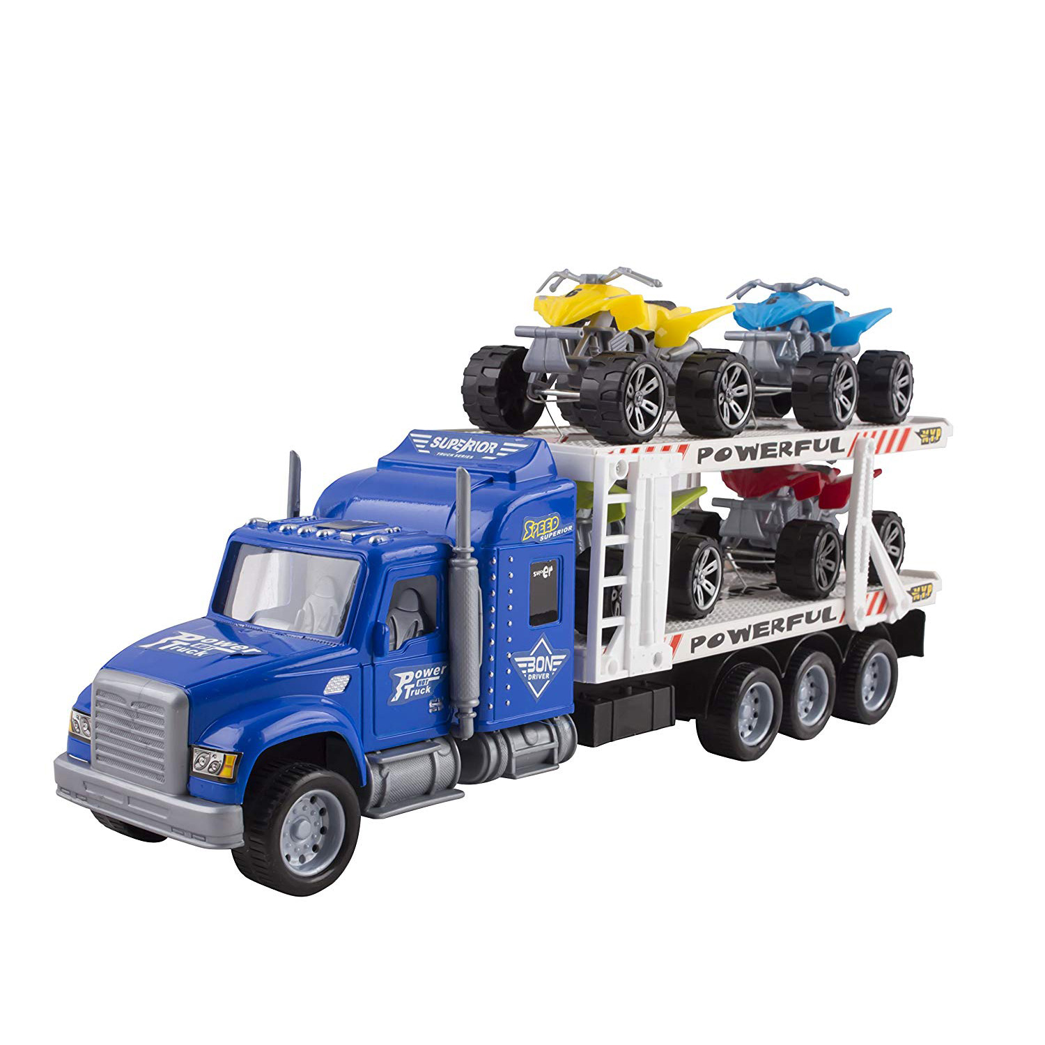 Toy Truck Transporter Trailer 145 Childrens Friction Big Rig With 4 ATV Toys No Batteries Or Assembly Required Perfect Semi Truck For Kids Blue Truck