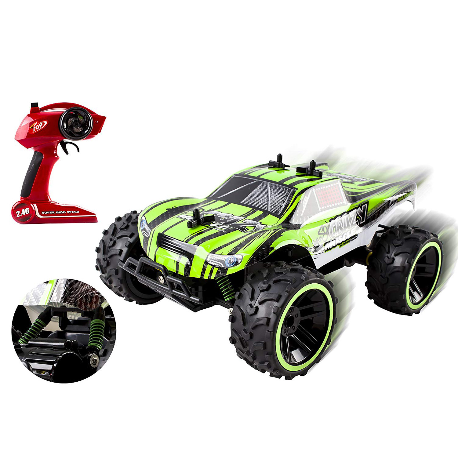 Speed Muscle RC Buggy 24Ghz 116 Scale Remote Control Truggy Ready to Run With Working Suspension And Spring Shock Absorbers for Indoor Outdoor And Off-Road Use Strong Build Toy Green