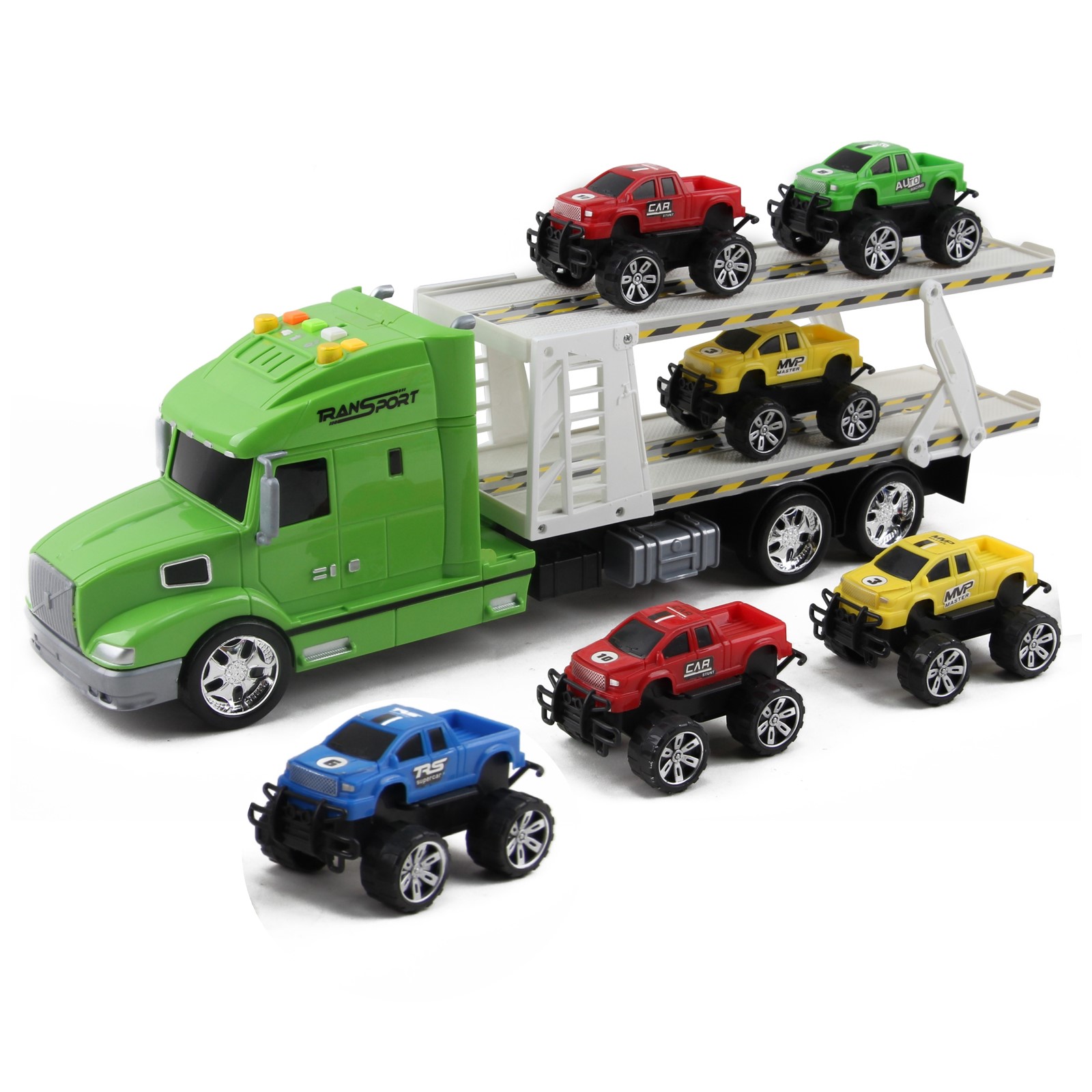 Friction Powered Toy Semi Truck Trailer Kids Push And Go Big Rig Carrier Includes Six Pickup Cars 1:20 Scale Auto Transporter Vehicle Perfect Pretend Play Imagination Gift For Children