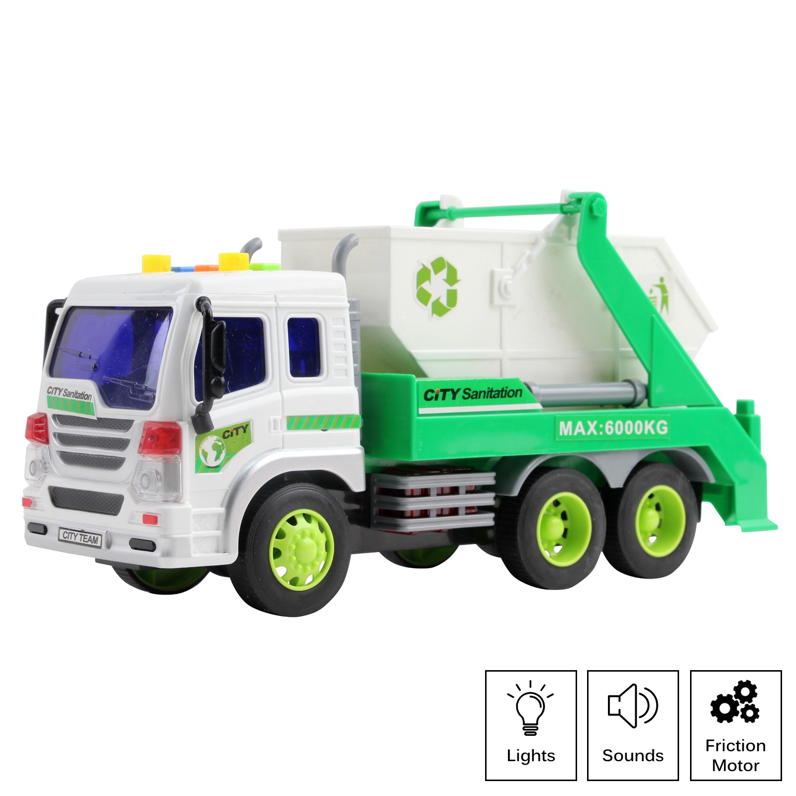 Friction Powered Garbage Truck With Lights And Sounds Lift Up Body 1:16 Scale Durable Kids Dump Sanitation Push And Go Toy Car Pretend Play Transport Vehicle Great Gift For Children Boys Girls