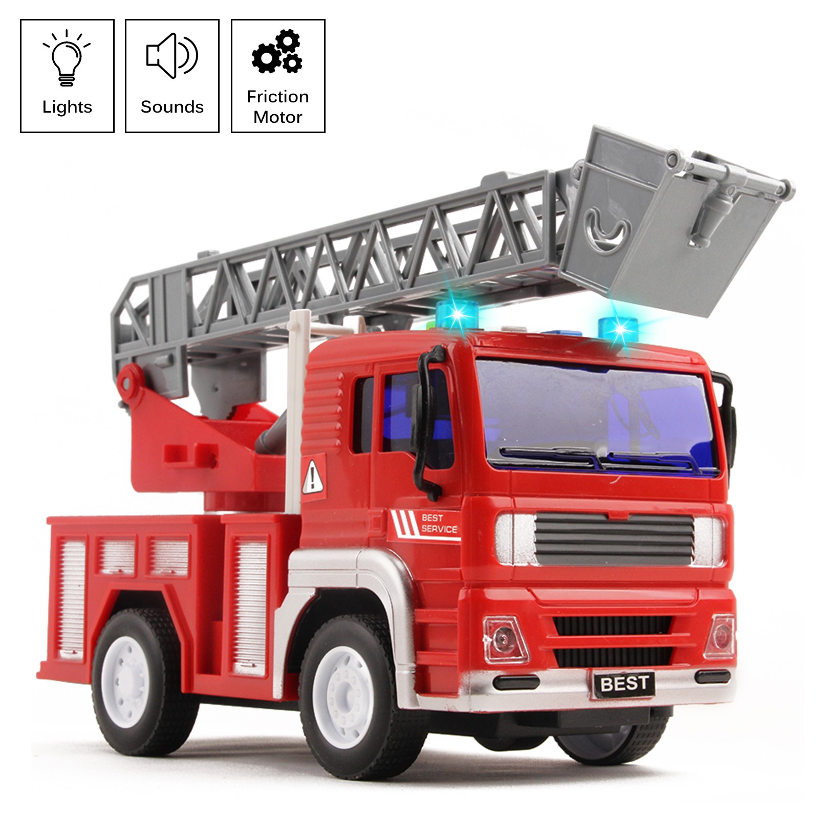 Fire Truck Rescue With Lights And Sounds 12.5" Extending Ladder 360 Rotation Friction Powered Toy Car Kids Push And Go Firetruck Engine Vehicle Pretend Play Great Gift For Children Boys Girls