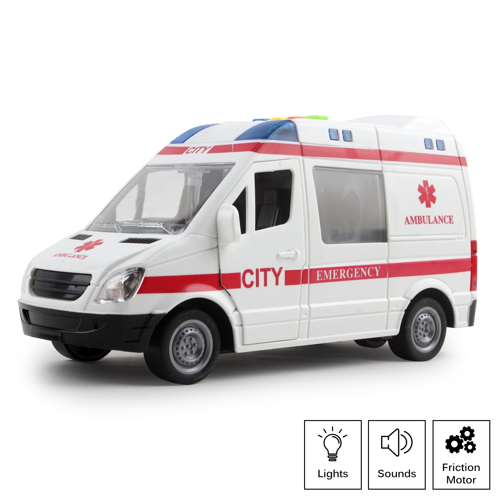 Rescue Ambulance Friction Powered 1:16 Scale With Lights And Sounds Kids Medical Transport Emergency Vehicle Push And Go Durable Toy Car Pretend Play Van Great Gift For Children Boys Girls