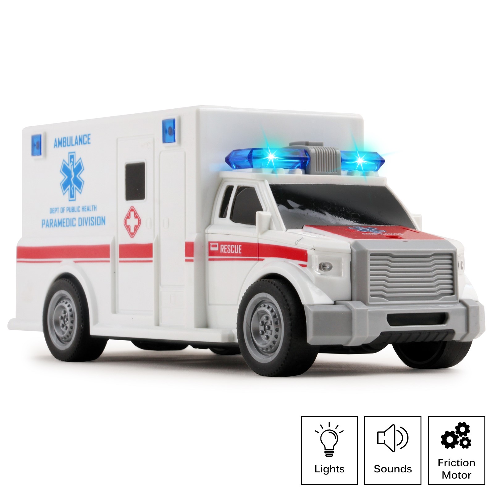 Rescue Ambulance Friction Powered 1:20 Scale Toy Car With Lights And Sounds Durable Kids Medical Transport Emergency Vehicle Push And Go Pretend Play Van Great Gift For Children Boys Girls