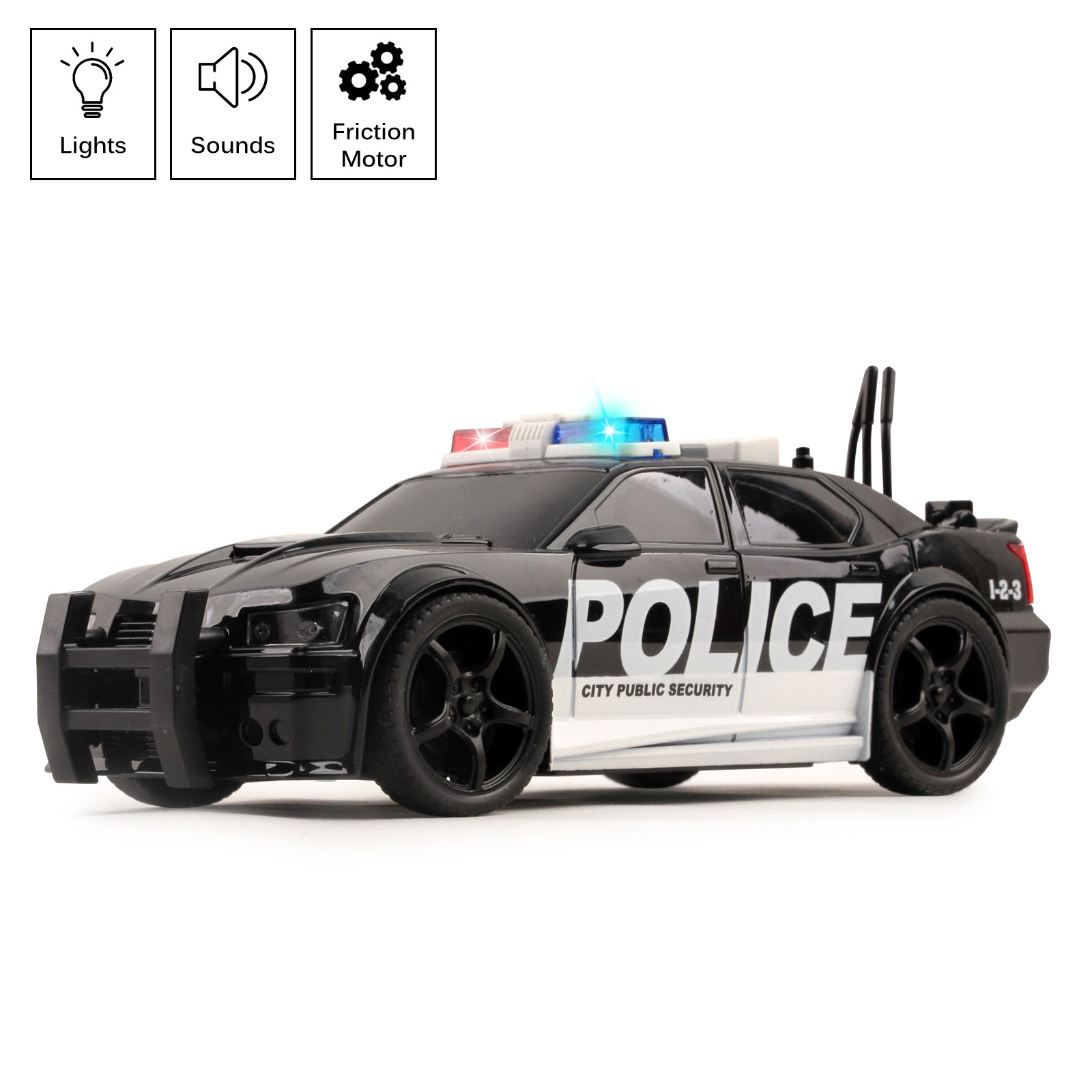 Police Car Friction Powered 1:20 Scale With Lights Sirens And Sounds Durable Kids Rescue Emergency City Cop Vehicle Push And Go Pursuit SWAT Toy Pretend Play Great Gift For Children Boys Girls