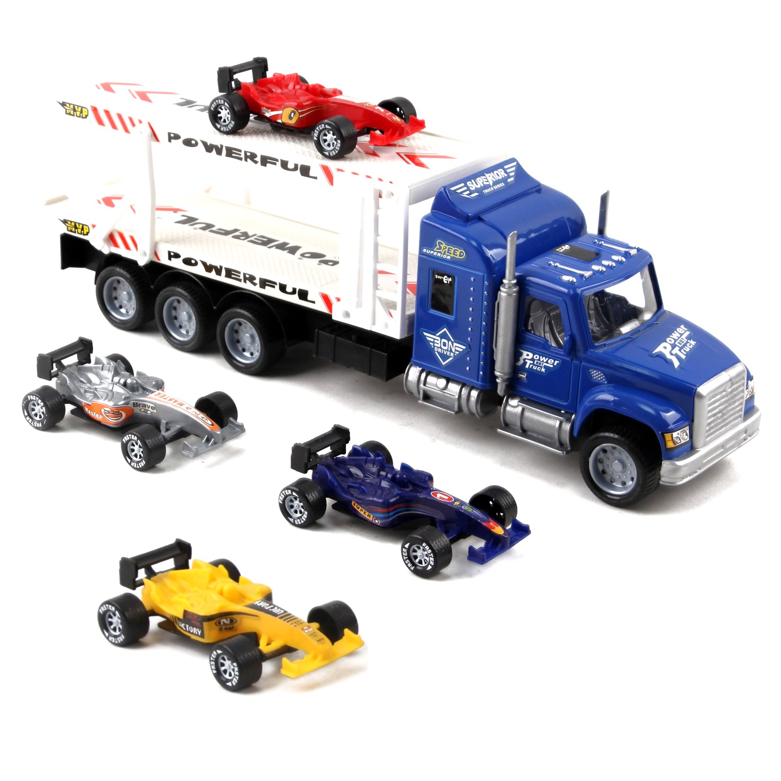 Friction Powered Toy Semi Truck Trailer 14.5" With Four Formula 1 Race Cars Kids Push And Go Big Rig Carrier 1:32 Scale Auto Transporter Semi-Truck Play Vehicle Great Gift For Children Boy Girl
