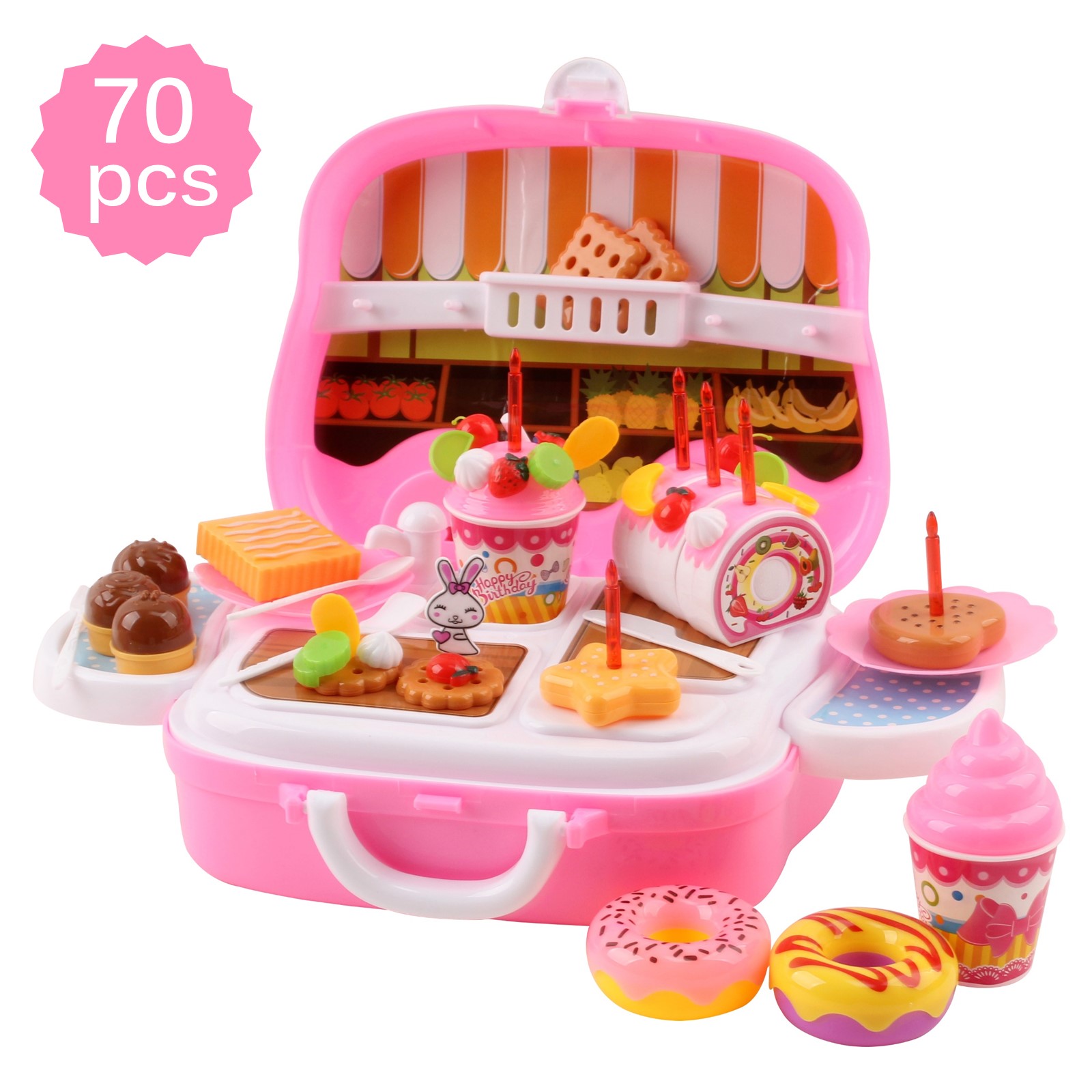 39 Pieces Large Portable Dessert Stand Birthday Cake Ice Cream Cart Candy Trolley Kitchen With Lights Music Candles Food Toys 3 feet tall Children's Party Pretend Play Truck Folds Up in Suitcase Playset Appliance Set Pieces