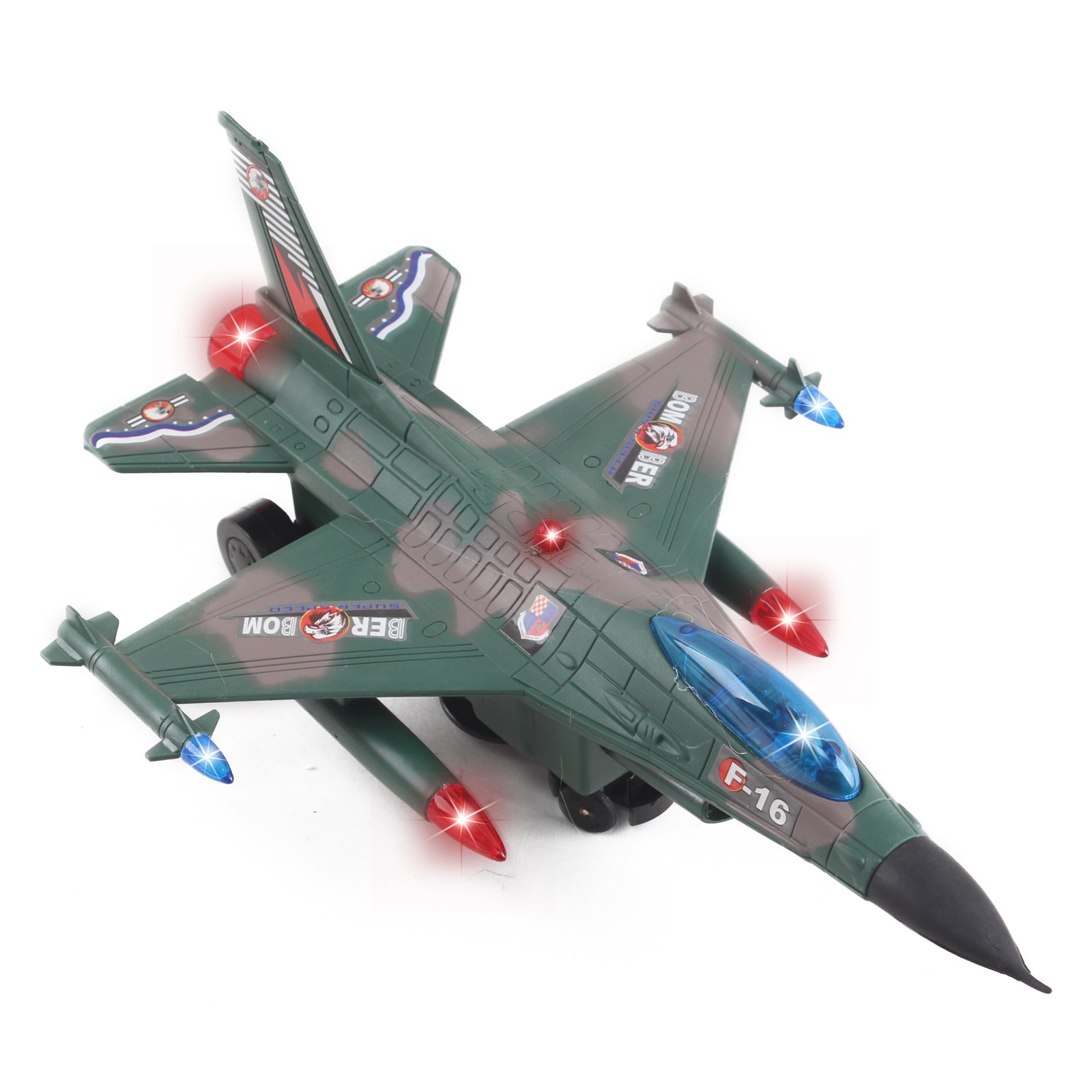 Toy Army Air Force Fighter Jet F16 Battery Operated Kid's Bump and Go Toy Plane With Flashing Lights And Sounds Bumps Into Something and Will Change Direction Perfect For Boys And Girls (Green)