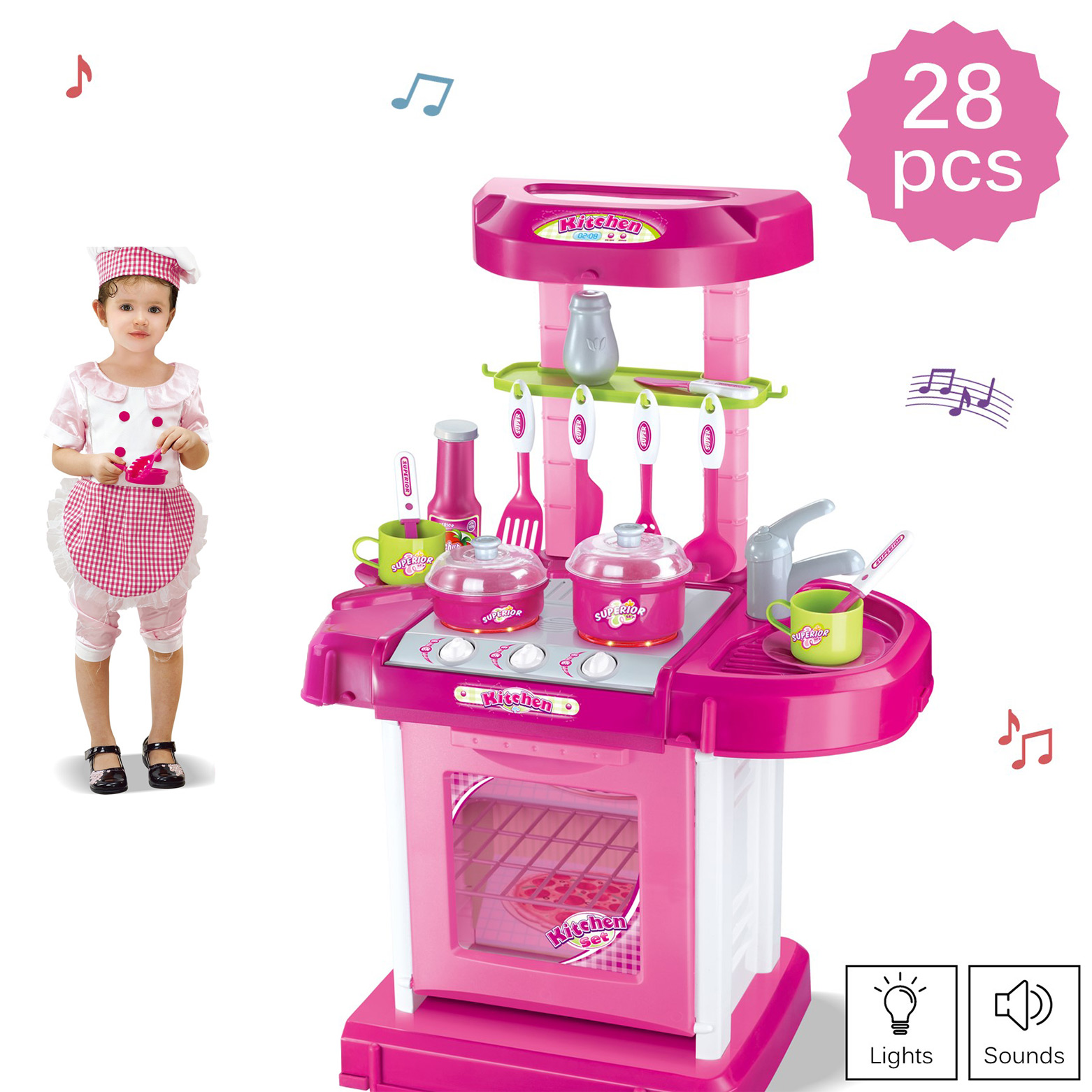 Deluxe Toy Kitchen Playset 2 Feet Tall With Pots Oven Stove Sink Appliances Sounds And Lights Kids Pretend Play Perfect Gift For Early Learning Educational Preschool Girls Boys Cooking