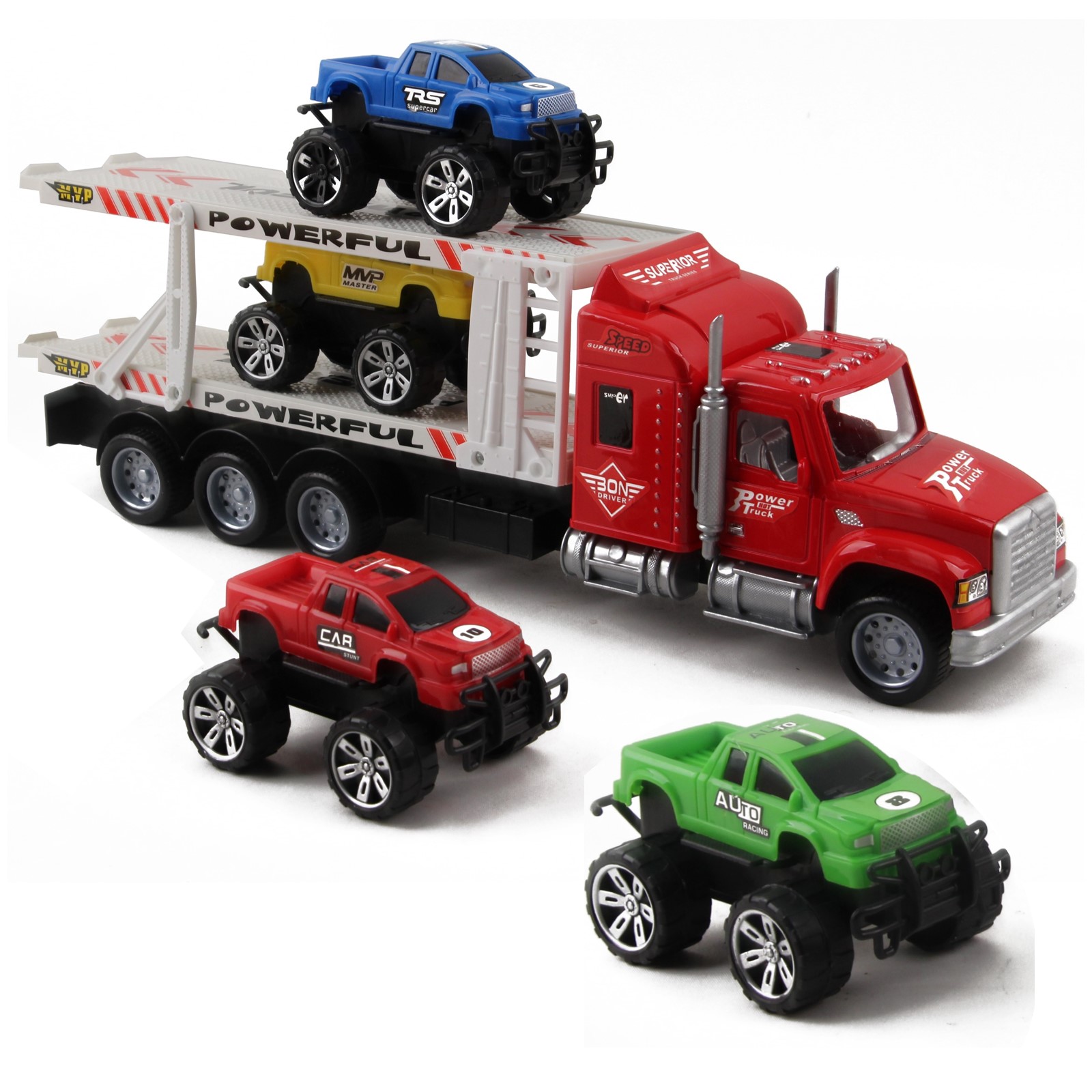 Friction Powered Toy Semi Truck Trailer 145 With Four Lifted Pickup Cars Kids Push And Go Big Rig Carrier 132 Scale Auto Transporter Semi-Truck Play Vehicle Great Gift For Children Boys Girl TH-51