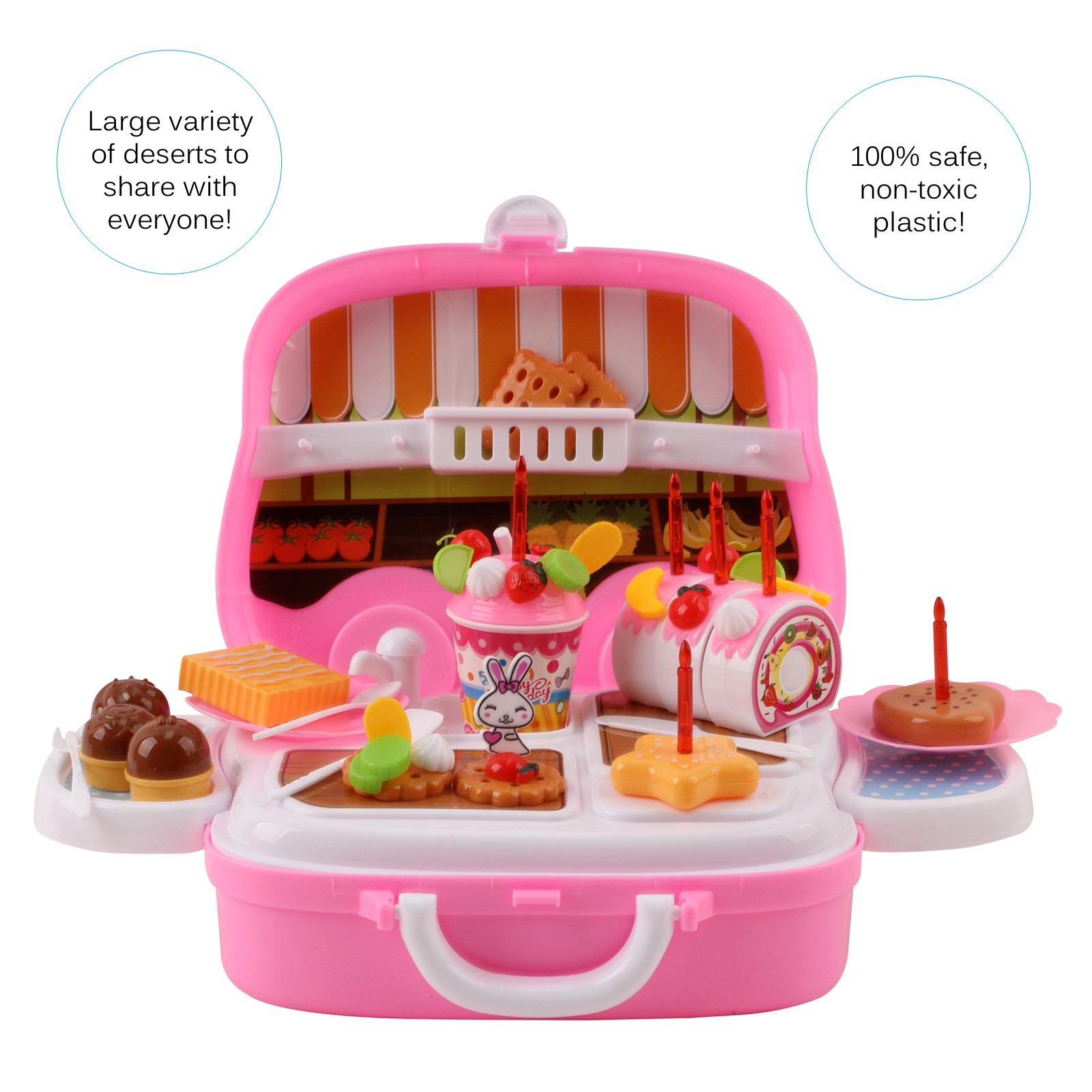 39 Pieces Large Portable Dessert Stand Birthday Cake Ice Cream Cart Candy Trolley Kitchen With Lights Music Candles Food Toys 3 feet tall Childrens Party Pretend Play Truck Folds Up in Suitcase Playset Appliance Set Pieces TK-11