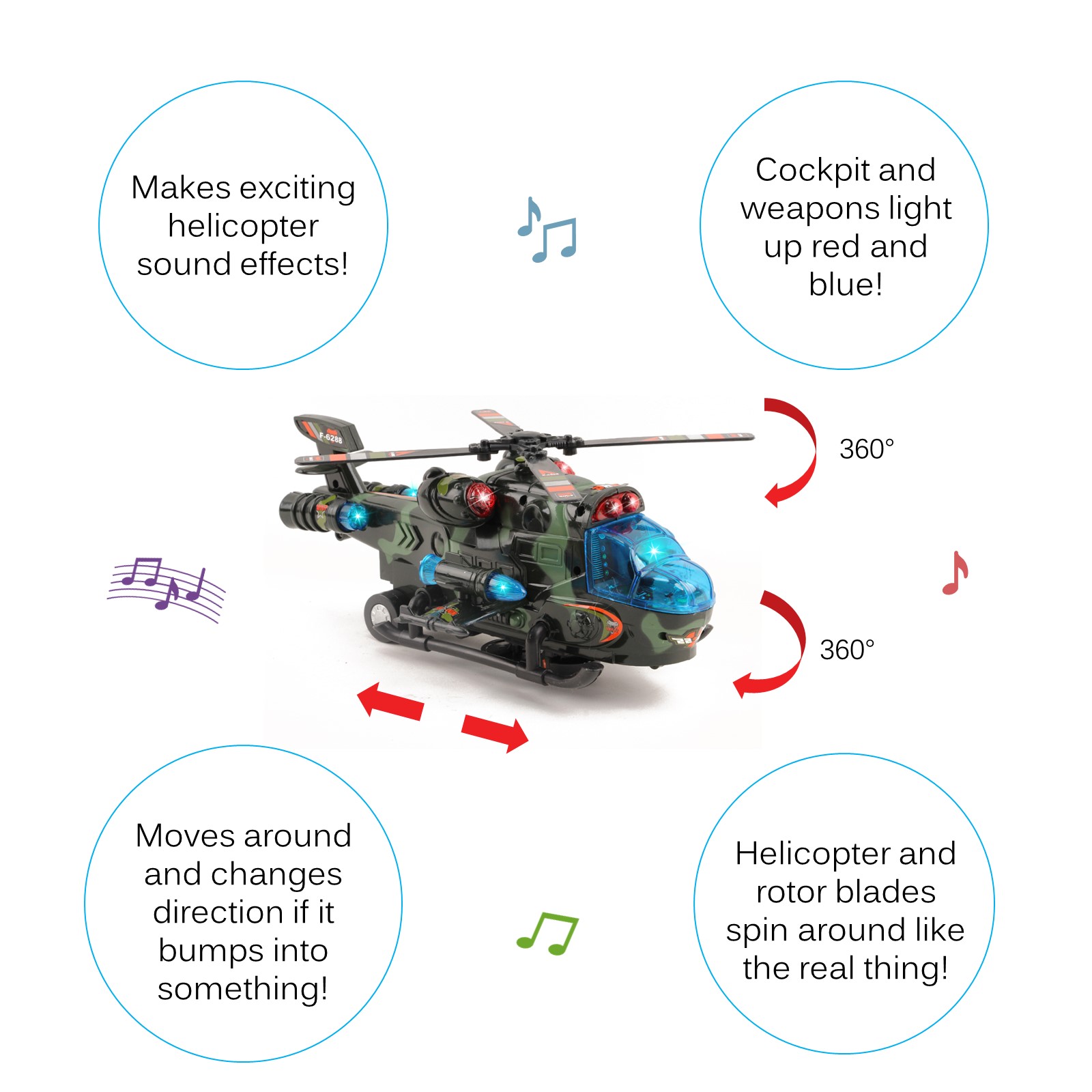 Vokodo Military Helicopter With Lights Sounds Bump And Go Self Riding Army Chopper Aircraft Toy Durable Battery Operated Kids Action Airplane Pretend Play Great Gift For Children Boys Girls Toddlers TD-16